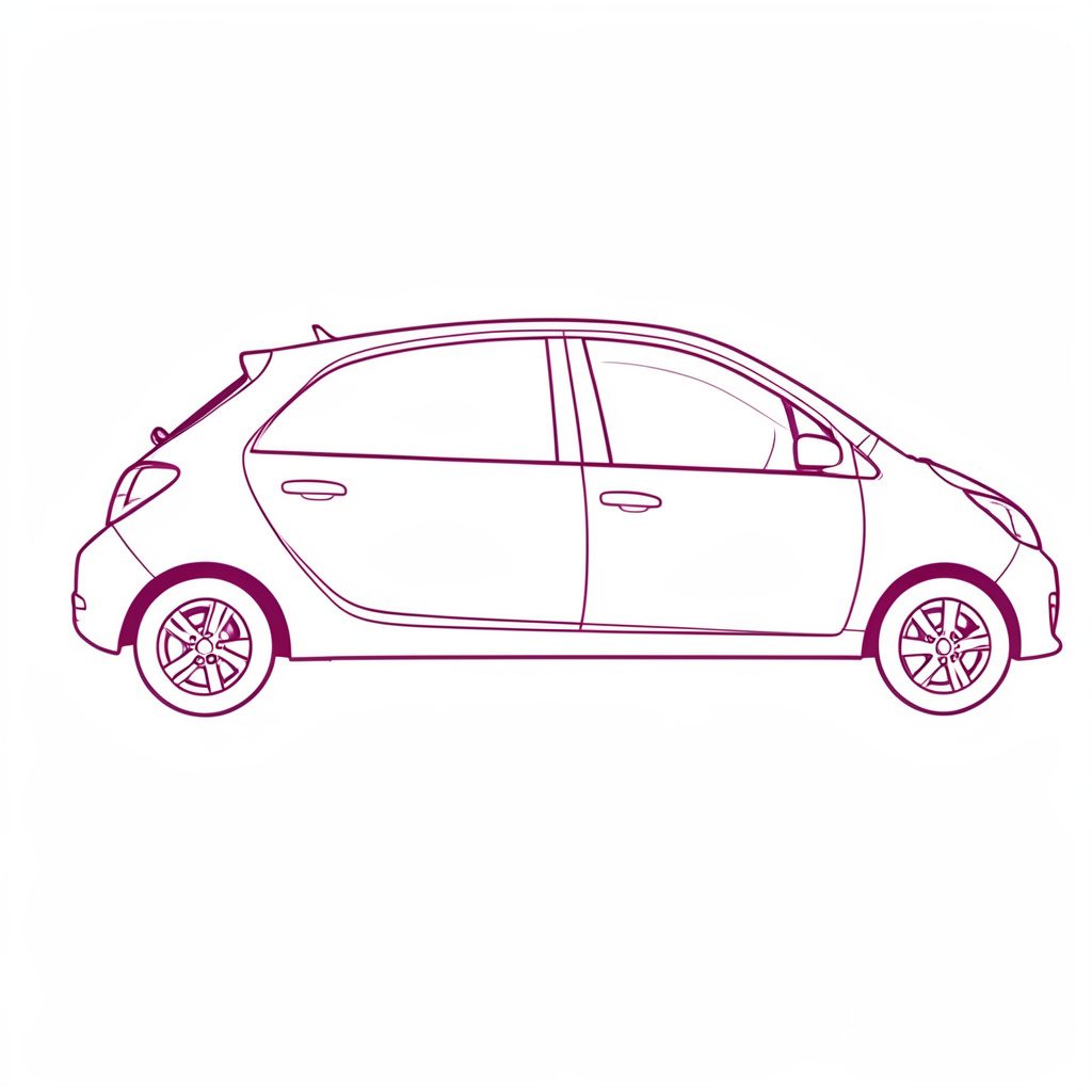 Yedi noktalar ve otomotiv simgesinin yer aldığı mor-plum tonlarında minimal çizgi afişi